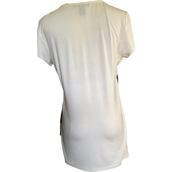 White House Black Market Women's Medium Black White Striped Blouse Lace Circles - Picture 2 of 6